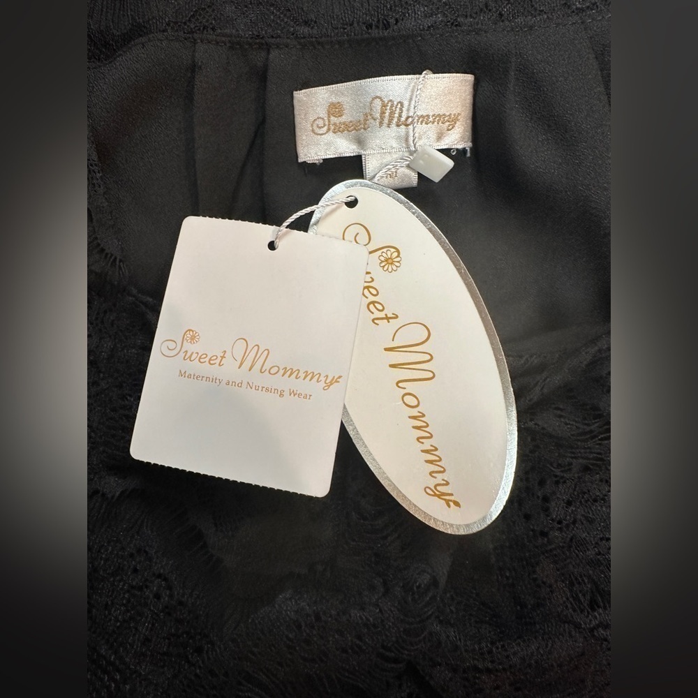 NWT Sweet Mommy Maternity Dress Short Sleeve Black Lace Lined Knee Length Size M - Picture 9 of 12
